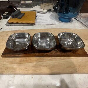 Mid Century Denmark Rosewood Relish Dish with 3 Stainless Steel Bowls
